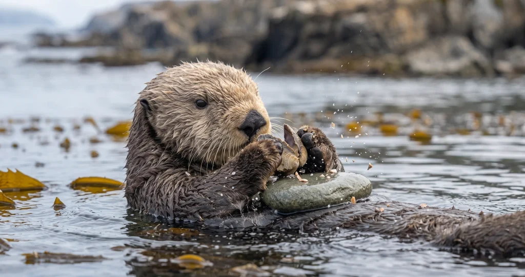 loutre de mer outils utilisant une pierre comme enclume pour ouvrir un coquillage