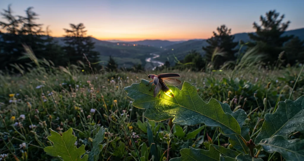 synchronisation lucioles dans une forêt avec des centaines d’insectes produisant des éclairs lumineux simultanés
