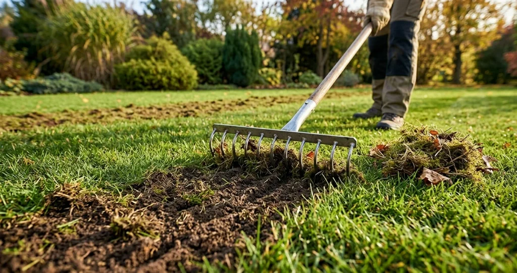 entretien pelouse avant hiver avec ramassage des feuilles et tonte automnale