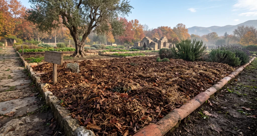 paillage avant hiver protégeant le sol et les racines du jardin contre le froid