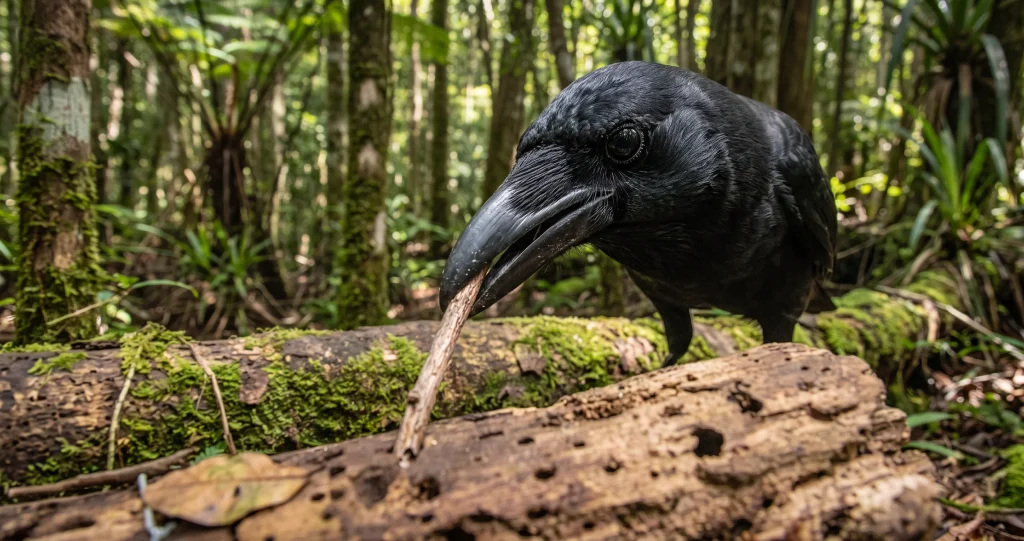 corbeau calédonien outils montrant l’assemblage de deux éléments en un outil composé pour atteindre de la nourriture