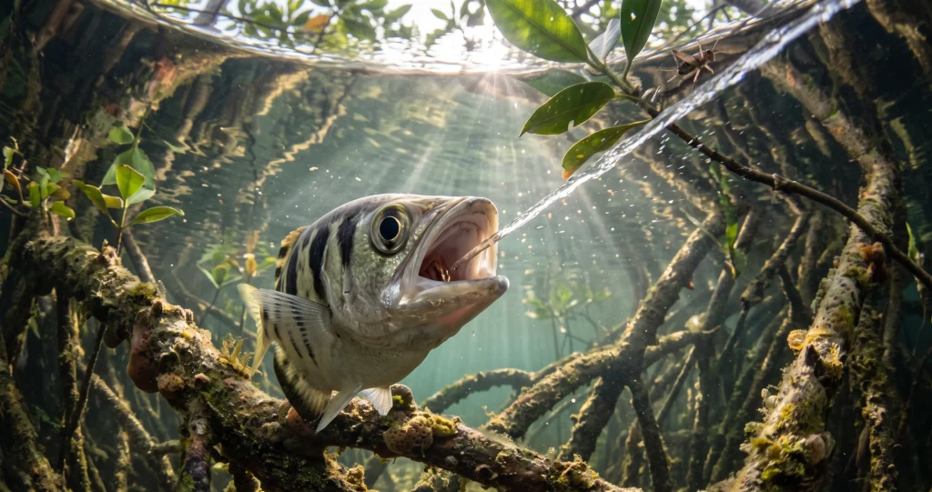 poisson-archer jet d'eau visant un insecte posé sur une branche au-dessus de l'eau
