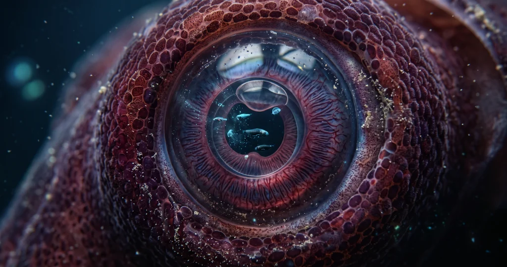 yeux calmar géant montrant la taille exceptionnelle du globe oculaire et de la pupille