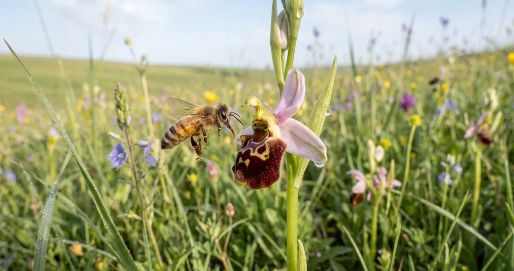 orchidée abeille mimétisme montrant le labelle d’Ophrys apifera ressemblant au corps velu d’une abeille