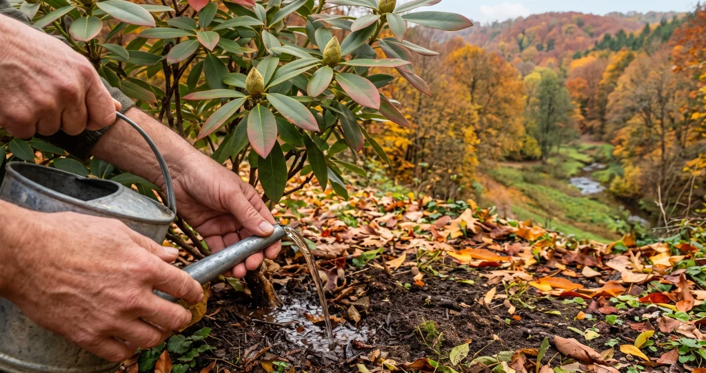 protéger rhododendrons hiver avec arrosage profond et paillage avant le gel