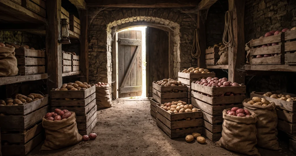 conserver pommes de terre récoltées dans des cagettes aérées à l’abri de la lumière