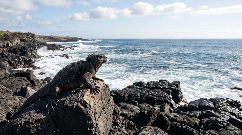 iguane marin Galápagos plongée sous l’eau pour brouter des algues sur une roche volcanique