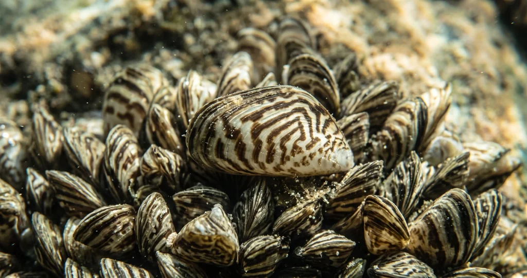 moule zébrée écosystème d’eau douce montrant filtration de l’eau et transfert des nutriments vers le fond