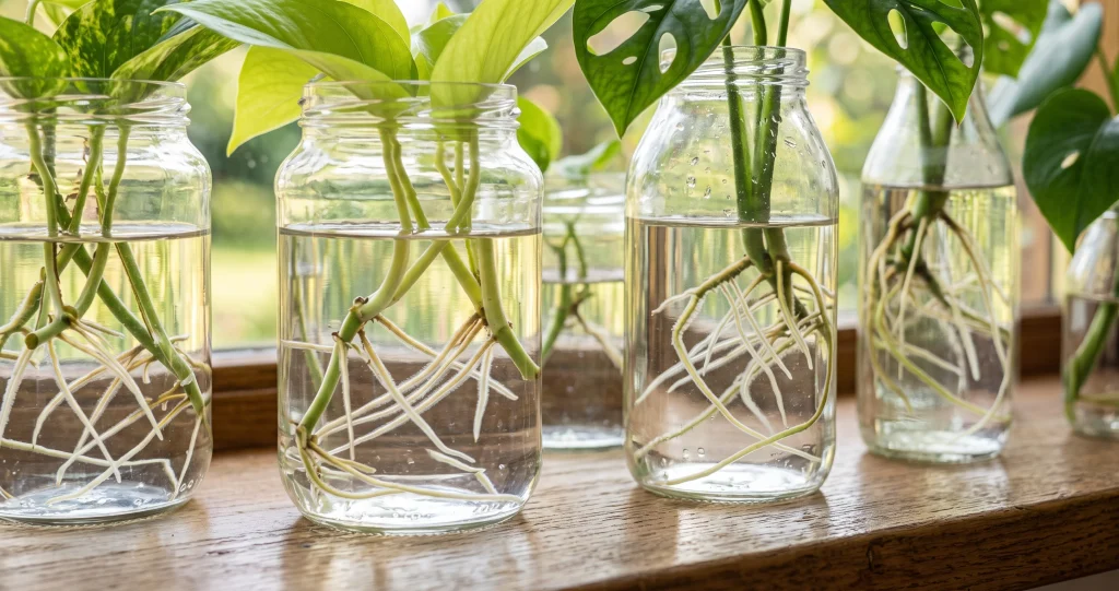 bouturer pothos eau avec nœud immergé et feuilles au-dessus du verre
