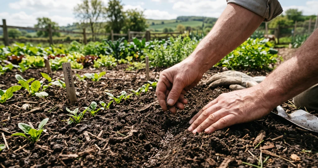 semer épinards hiver en rangs dans un sol fertile et bien préparé
