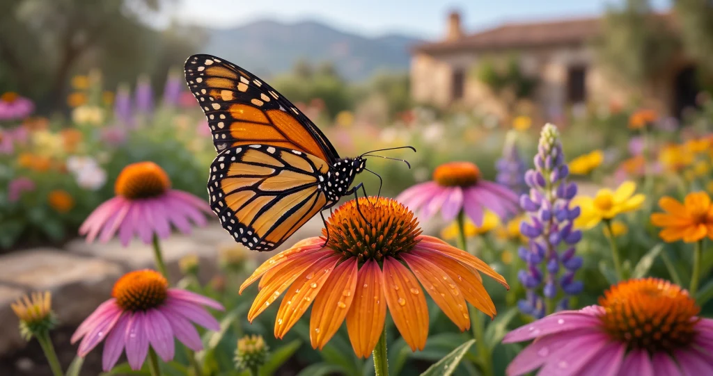 plantes qui attirent les papillons avec lavande, buddleia, verveine, scabieuse et asters dans un jardin