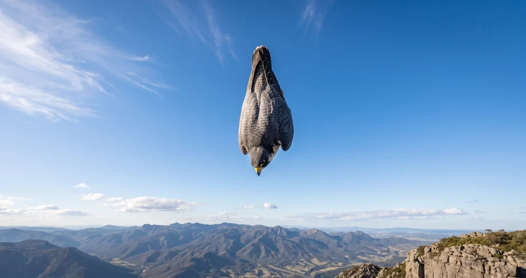 faucon pèlerin vitesse en piqué avec ailes repliées et silhouette aérodynamique
