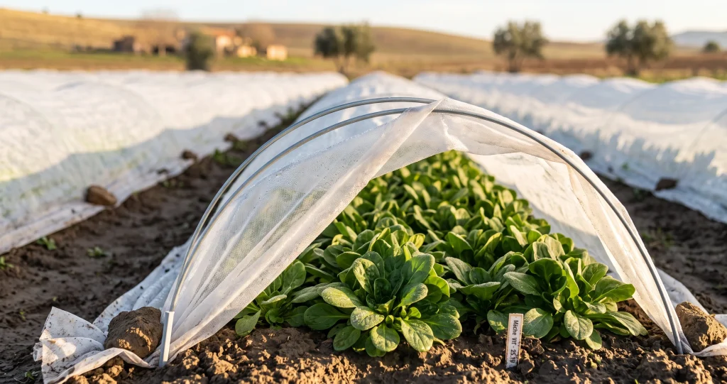 mâche voile hivernage installée sur un rang de mâche au potager