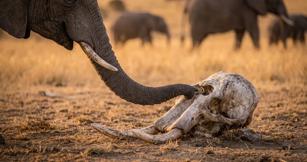 deuil éléphants avec un groupe observant les restes d'un congénère dans son habitat naturel