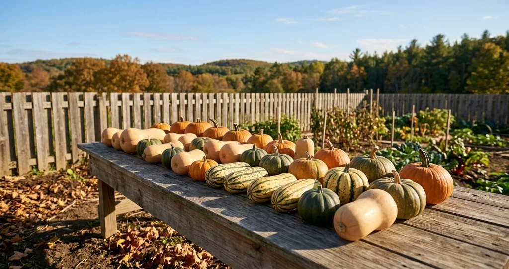 récolter conserver courges hiver avec courges mûres, pédoncules secs et écorces durcies avant stockage