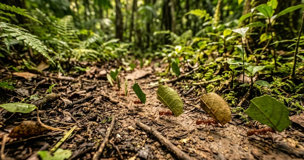 fourmis champignonnistes agriculture dans un jardin fongique souterrain alimenté avec des fragments de feuilles
