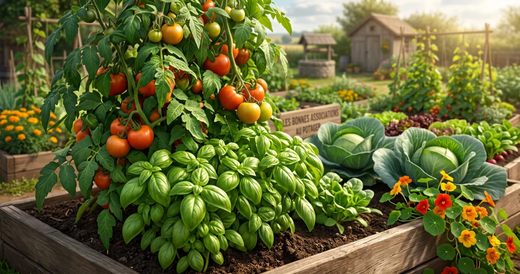 associations plantes potager avec tomates, basilic, laitues et fleurs utiles