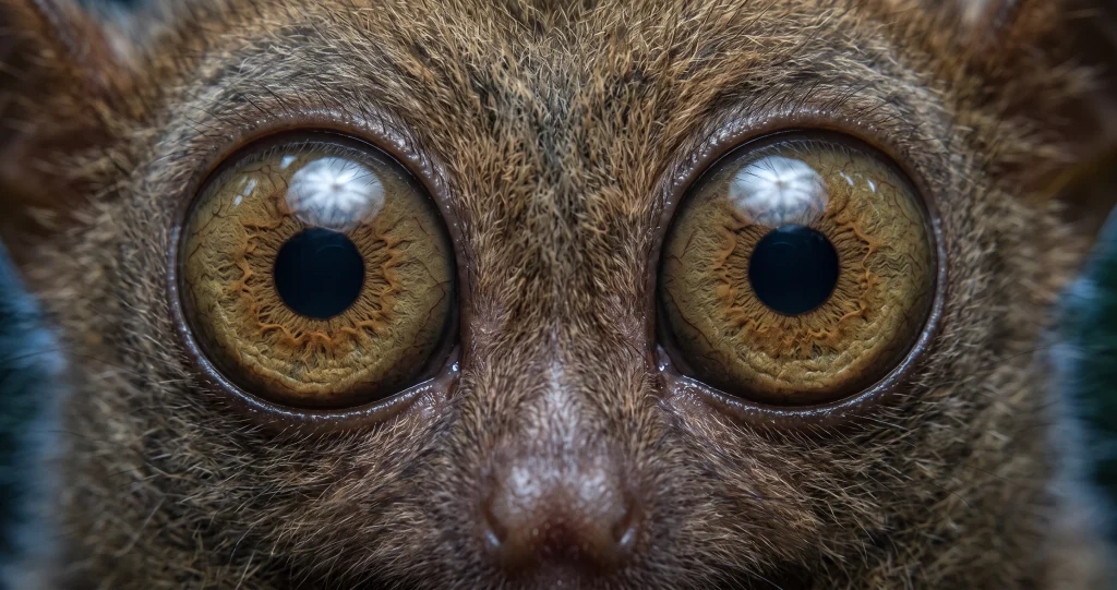 yeux tarsier adaptation nocturne avec grands yeux frontaux adaptés à la faible lumière