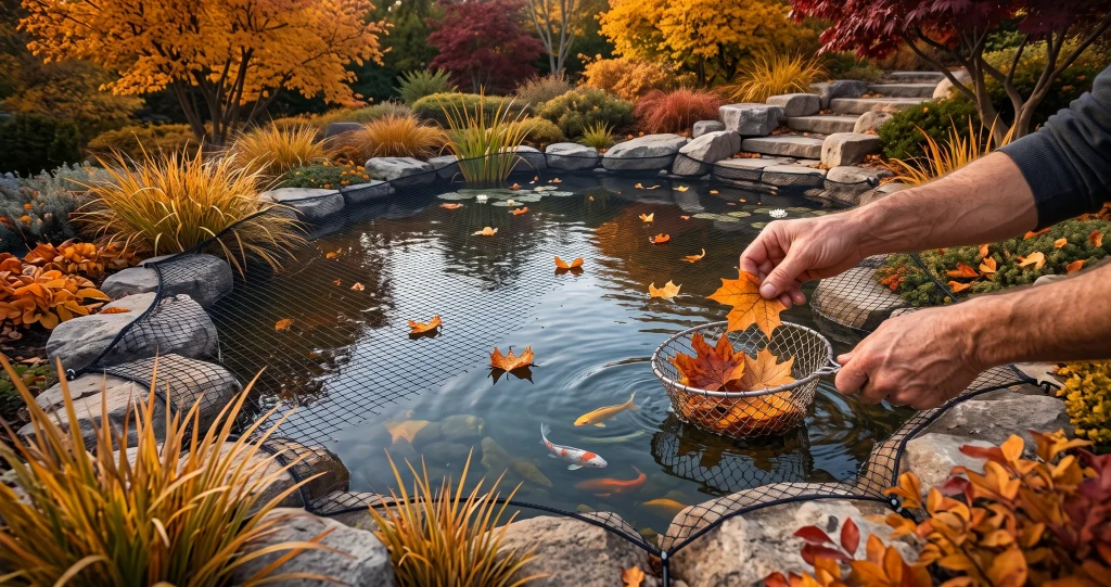 préparer bassin de jardin hiver avec retrait des feuilles, taille des plantes et protection du bassin