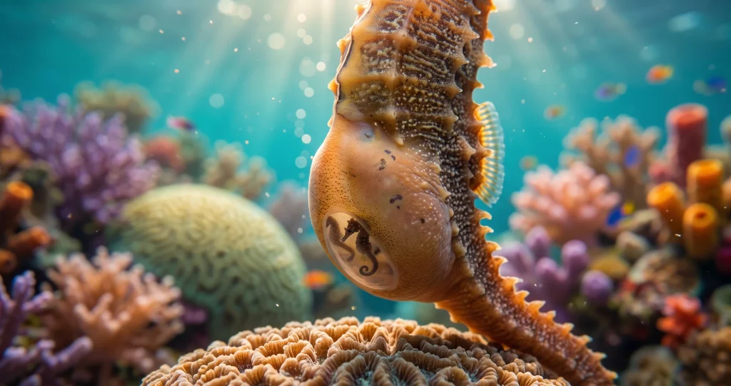 hippocampe mâle grossesse avec embryons se développant dans la poche incubatrice