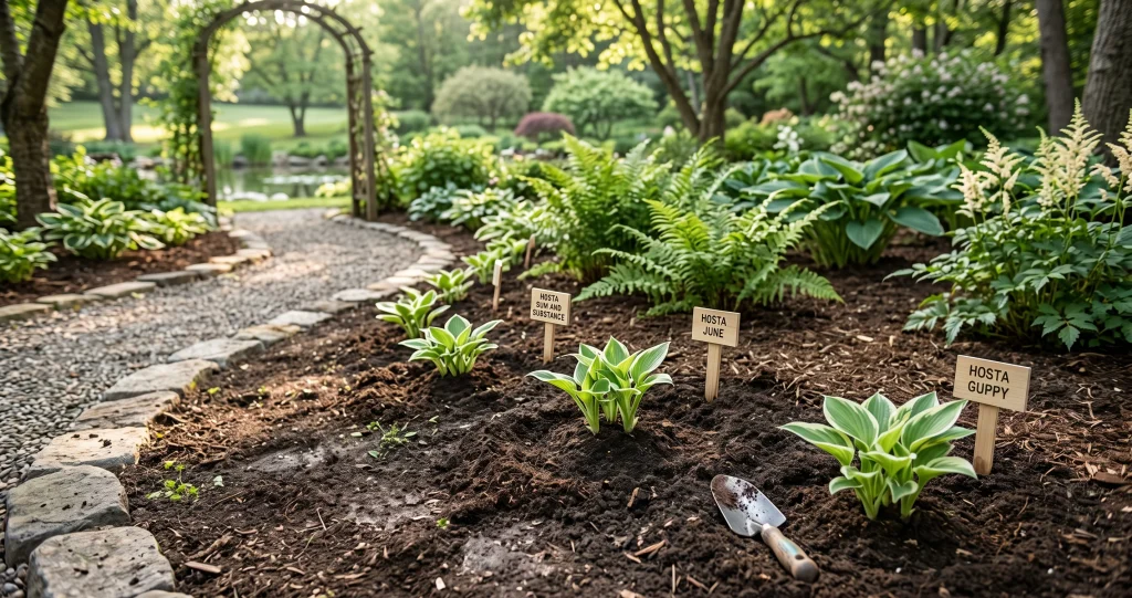 diviser hostas automne avec séparation d’une touffe mature en plusieurs sections racinées