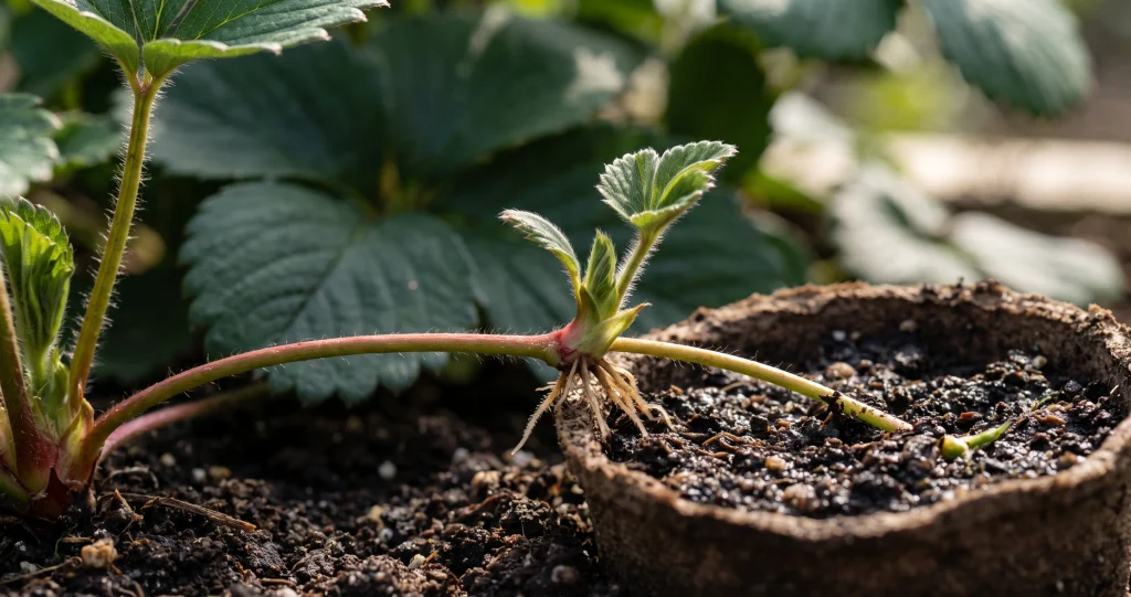 multiplier fraisiers stolons avec jeune rosette fixée dans un petit pot à côté du pied mère