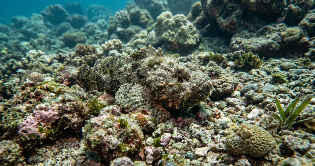 camouflage poisson-pierre parmi les rochers et débris coralliens d’un récif tropical