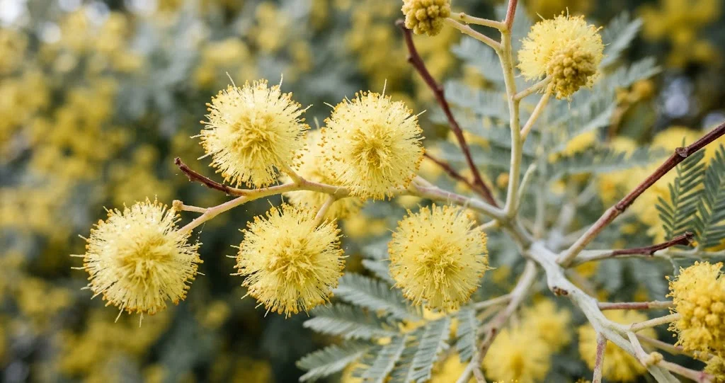 mimosa planter envahissant gel avec Acacia dealbata en floraison hivernale et propagation par rejets