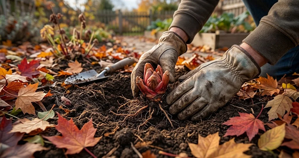 planter rhubarbe automne avec couronne dormante et bourgeon au niveau du sol 