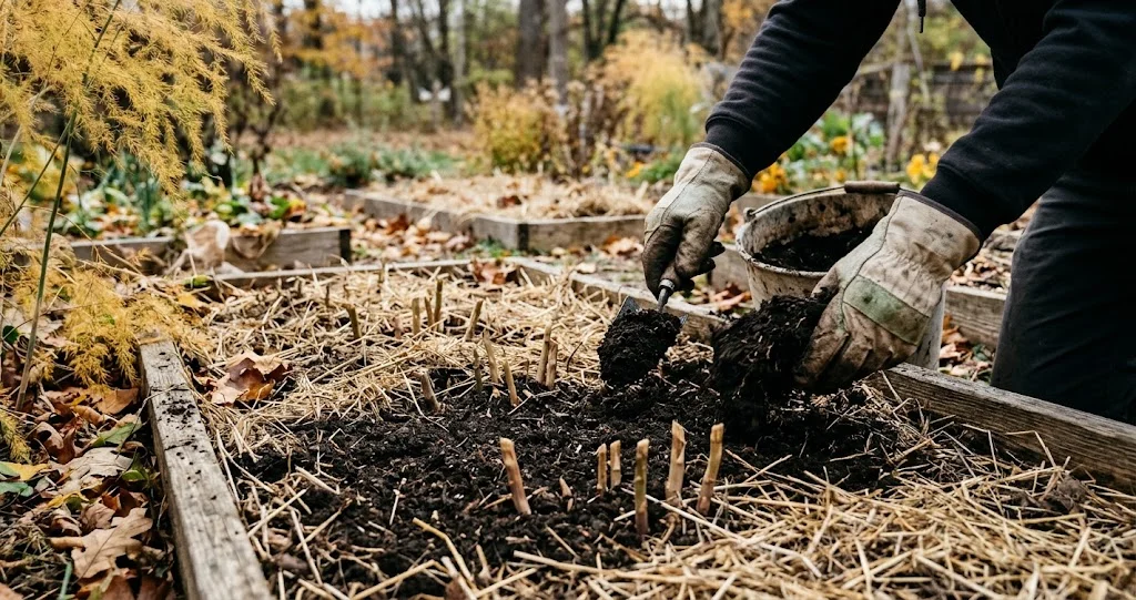 asperges automne couper tiges compost après jaunissement complet du feuillage