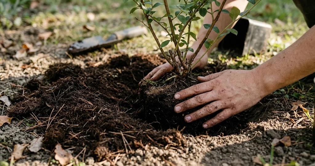 planter myrtilliers sol acide en automne avec terre de bruyère, motte racinaire et paillage organique.