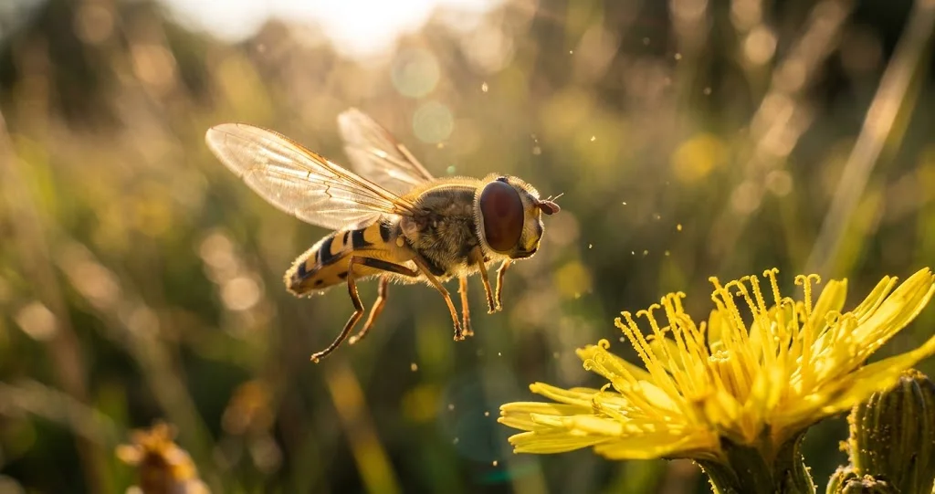 syrphe fausse guêpe jardin en vol stationnaire devant une fleur