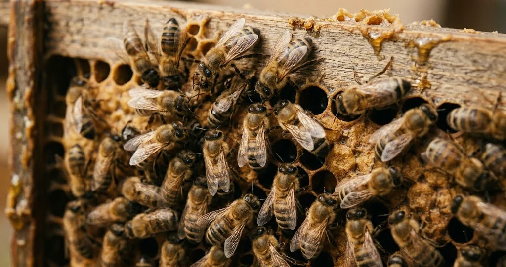 abeilles hiver grappe chaleur montrant les ouvrières regroupées autour du centre de la colonie pour conserver et produire de la chaleur.