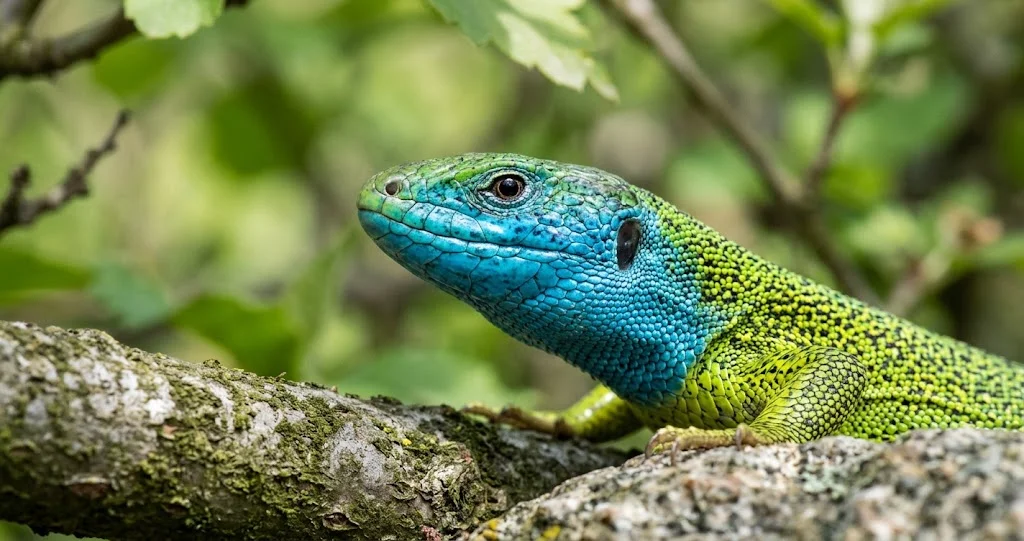 lézard vert occidental haies avec mâle adulte à gorge bleue au printemps