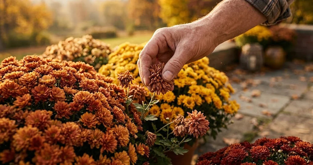 entretien chrysanthèmes en pot sur une terrasse lumineuse en automne