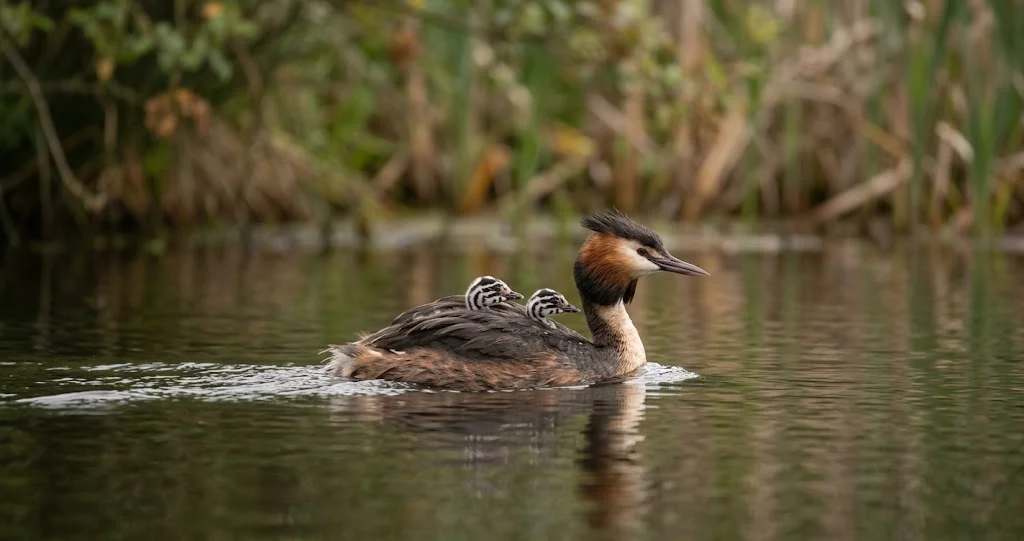 grèbe huppé parade nuptiale avec deux oiseaux dressés sur l'eau tenant des végétaux dans leur bec
