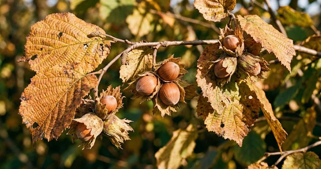 noisetier chatons floraison hiver avec chatons mâles et fleurs femelles de Corylus avellana
