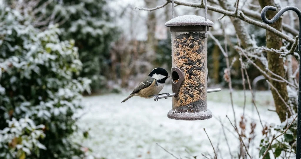  mésange noire tache nuque avec calotte noire, joues blanches et deux barres alaires