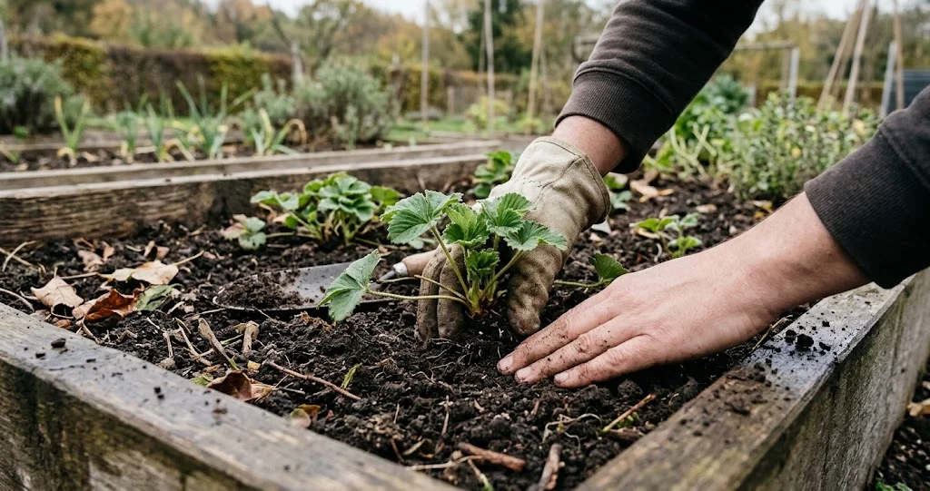 planter fraisiers automne collet au niveau du sol dans une terre enrichie en compost