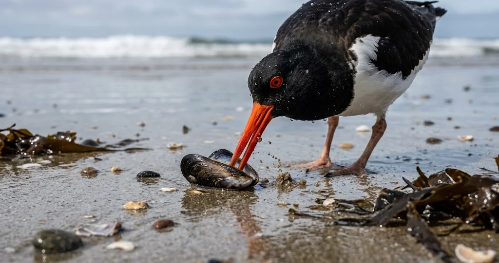 huîtrier pie technique coquillages montrant un oiseau ouvrant une moule sur une vasière