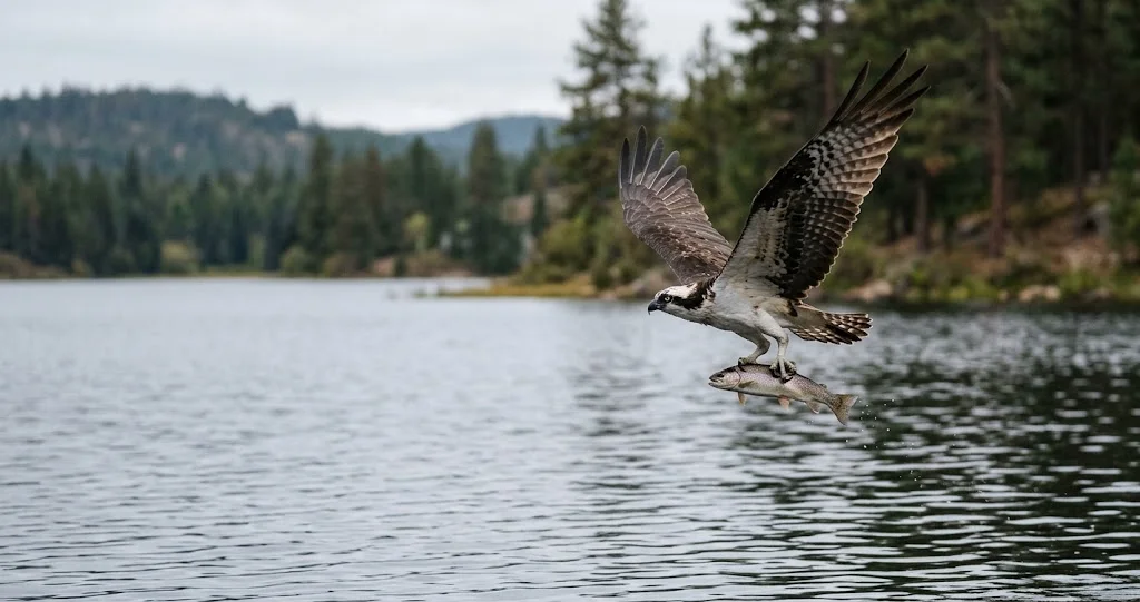 balbuzard pêcheur plongée migration montrant un rapace brun et blanc plongeant les serres en avant pour capturer un poisson