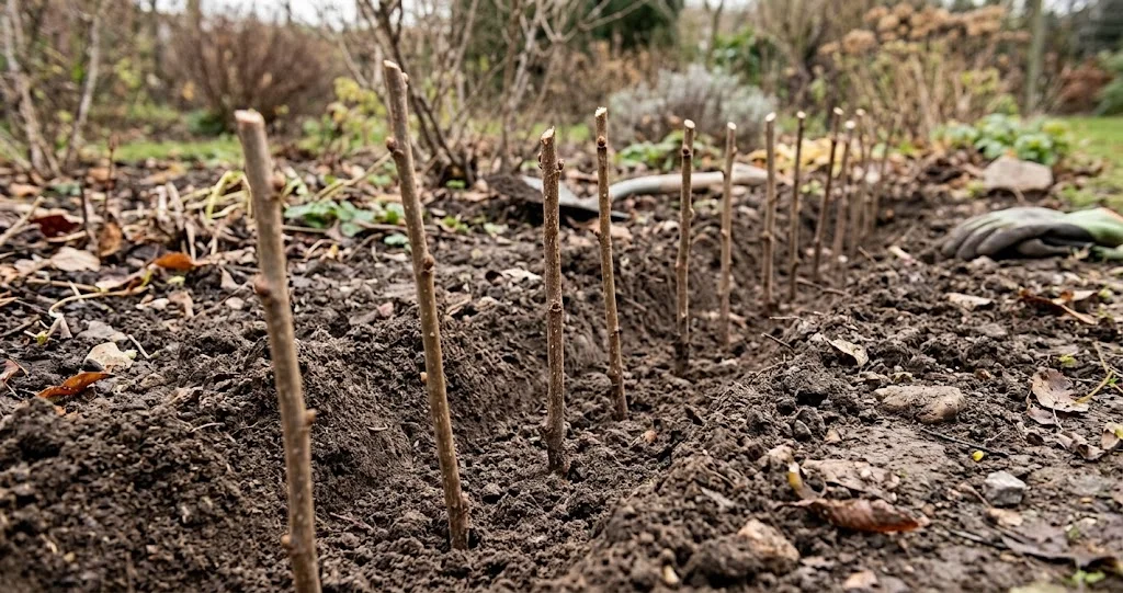 boutures bois dur automne arbustes avec rameaux de groseillier, cassissier, forsythia et saule préparés pour la plantation