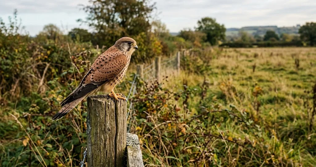 faucon crécerelle vol stationnaire face au vent avec ailes déployées queue en éventail et tête stable au-dessus d'une prairie.