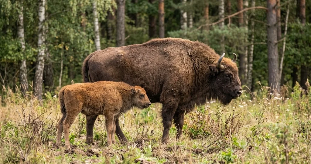bison d'Europe réintroduction conservation, troupeau de bisons européens dans une clairière de la forêt de Białowieża