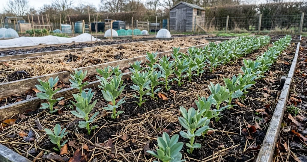 semer fèves des marais automne dans un potager avec grosses graines placées en rangs