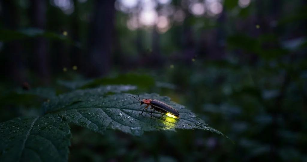 synchronisation lucioles montrant la bioluminescence jaune-verte produite dans l’abdomen