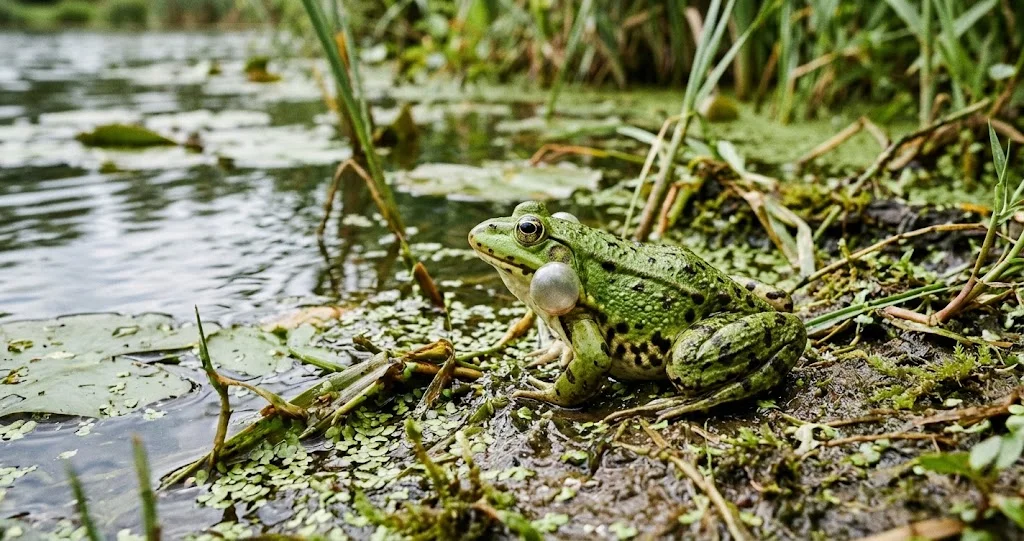 grenouille rousse grenouille verte différence entre Rana temporaria terrestre et Pelophylax au bord d’une mare