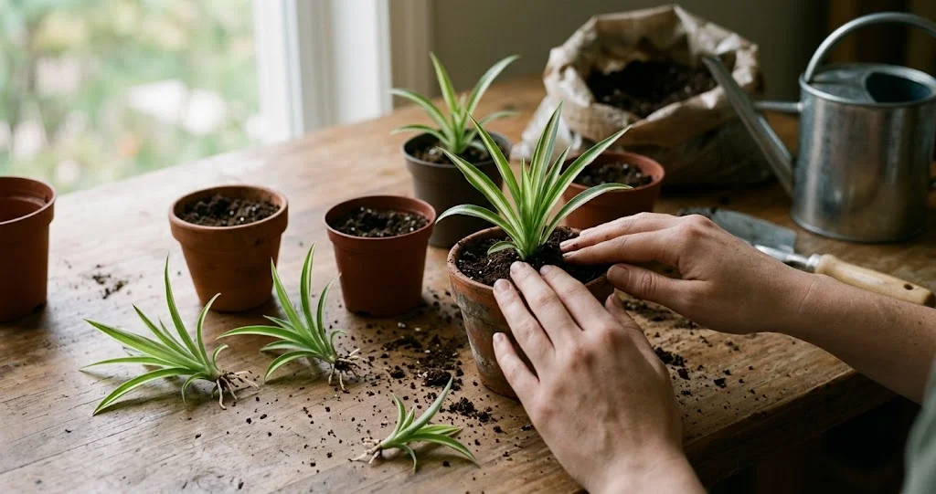 plante araignée plantules bouturer sur Chlorophytum comosum adulte