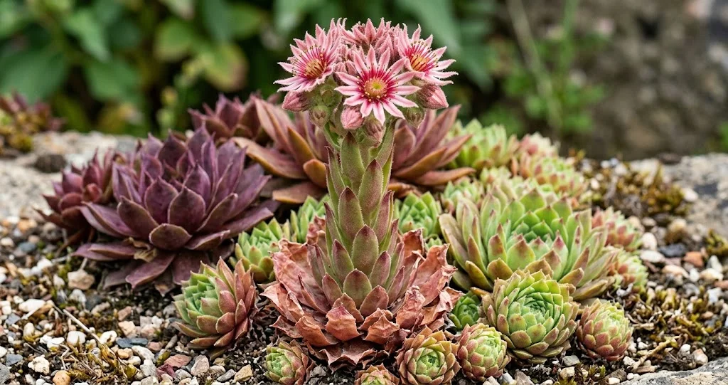 joubarbe Sempervivum multiplier rejets avec rosette mère stolons et jeunes rosettes