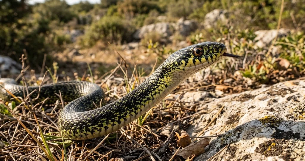couleuvre verte jaune grimpe arbres dans une haie ensoleillée